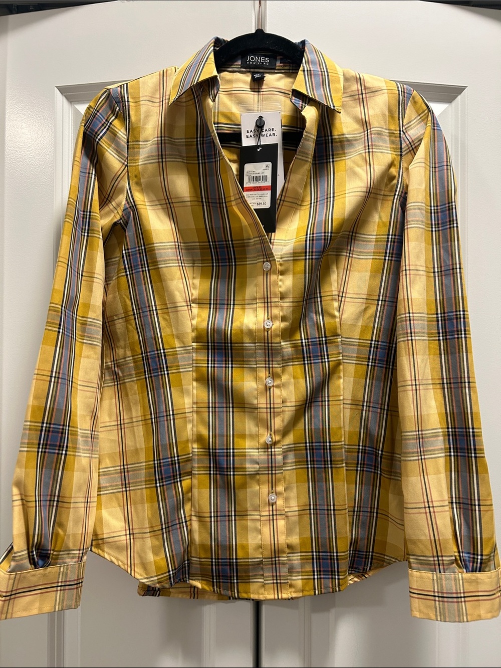 100% Cotton Jones New York Yellow Plaid Button-Front Shirt with Blue Accents